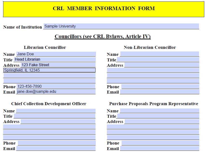 Screenshot of CRL's member information form Screenshot of CRL's member information form