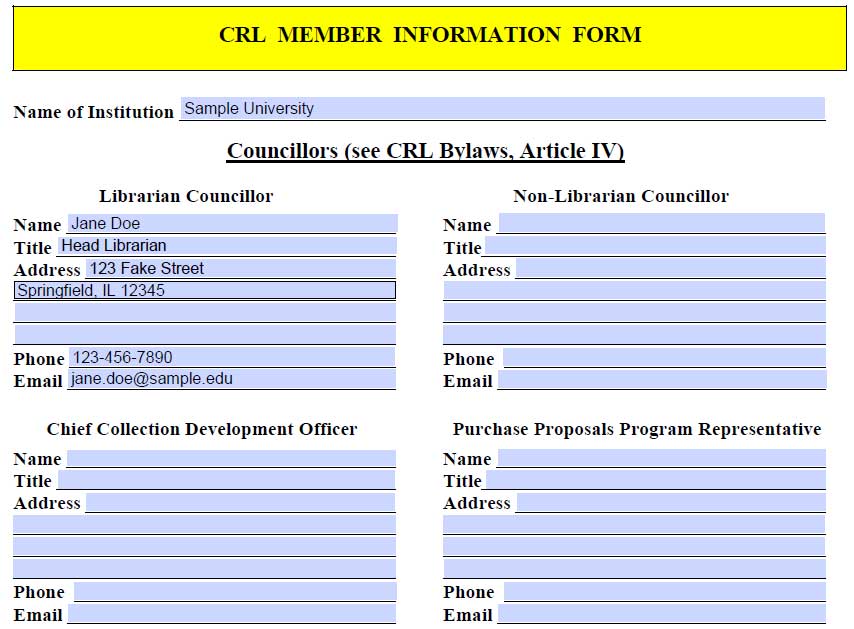 Screenshot of CRL's member information form